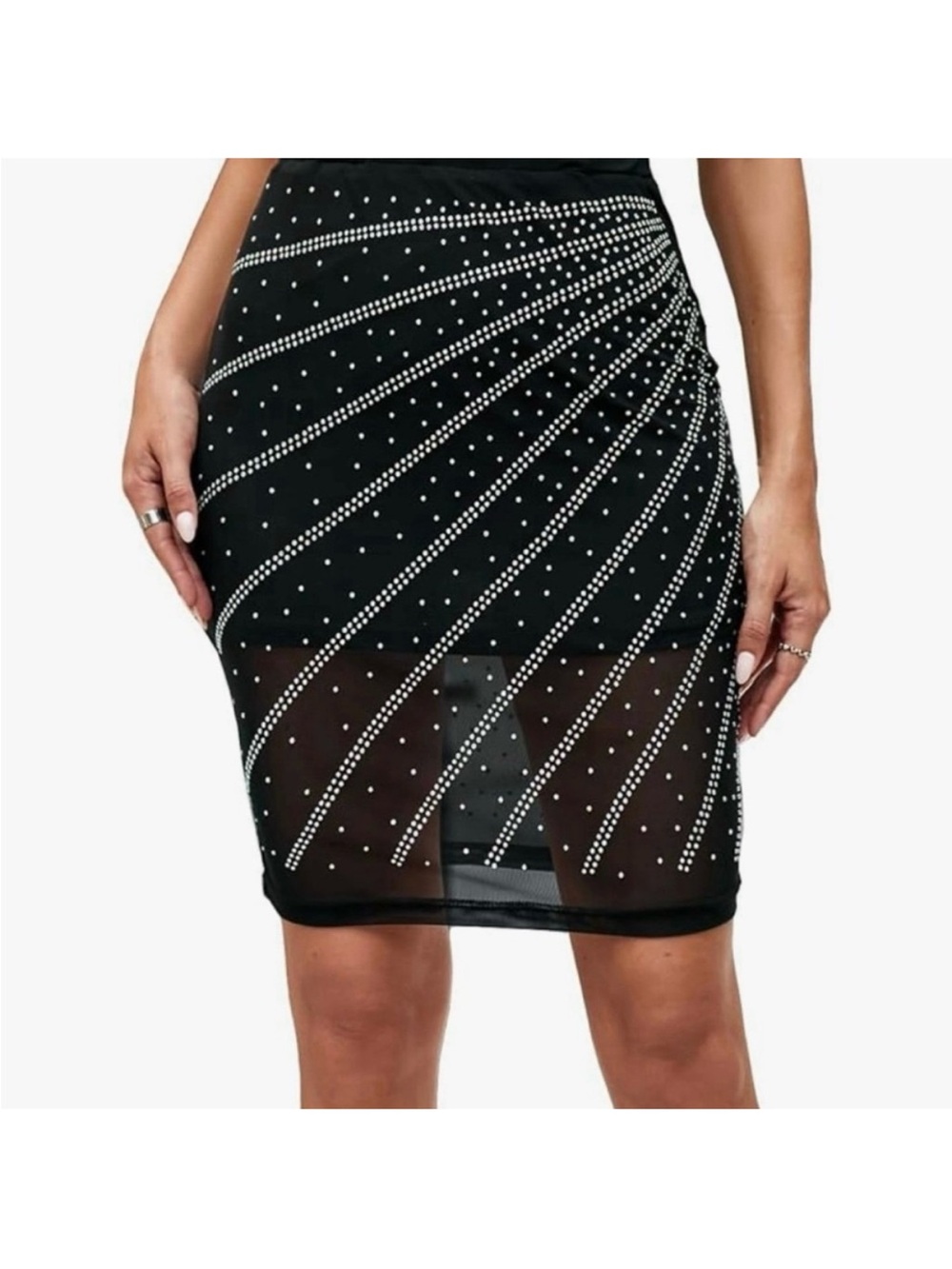 Black Embellished Mesh Pencil Skirt